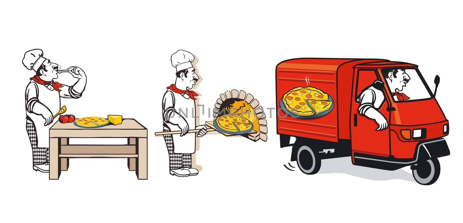 Pizzeria pizza delivery, Italian cooking, illustration isolated