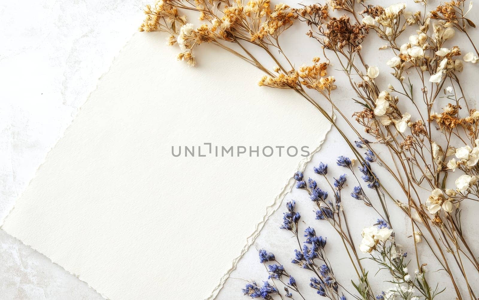 Delicate dried flowers arrangement with torn paper for text. White and blue blooms on light background. Rustic botanical flat lay with copy space.