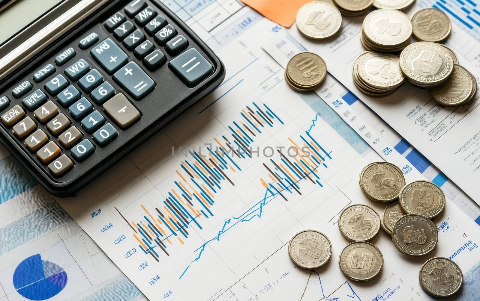 Business financial charts with calculator and stack of coins. Analysis of market data and investment strategy concept with copy space.