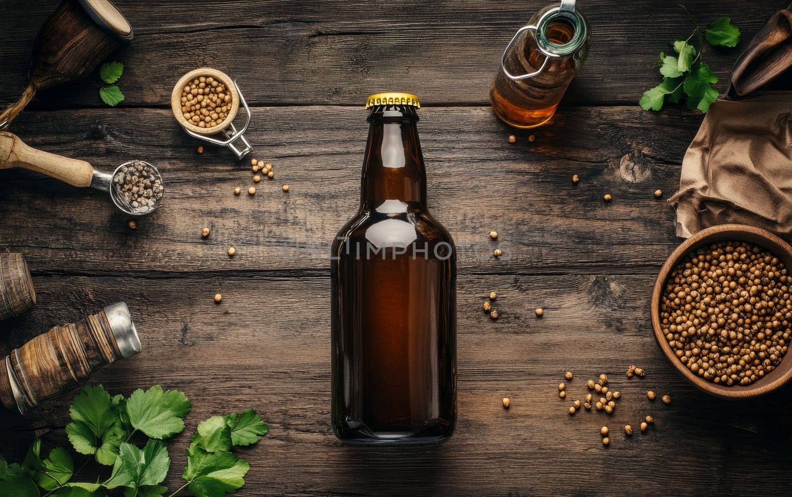 Dark beer bottle surrounded by hops, grains, and brewing ingredients on rustic wooden table, showcasing artisanal beer production.