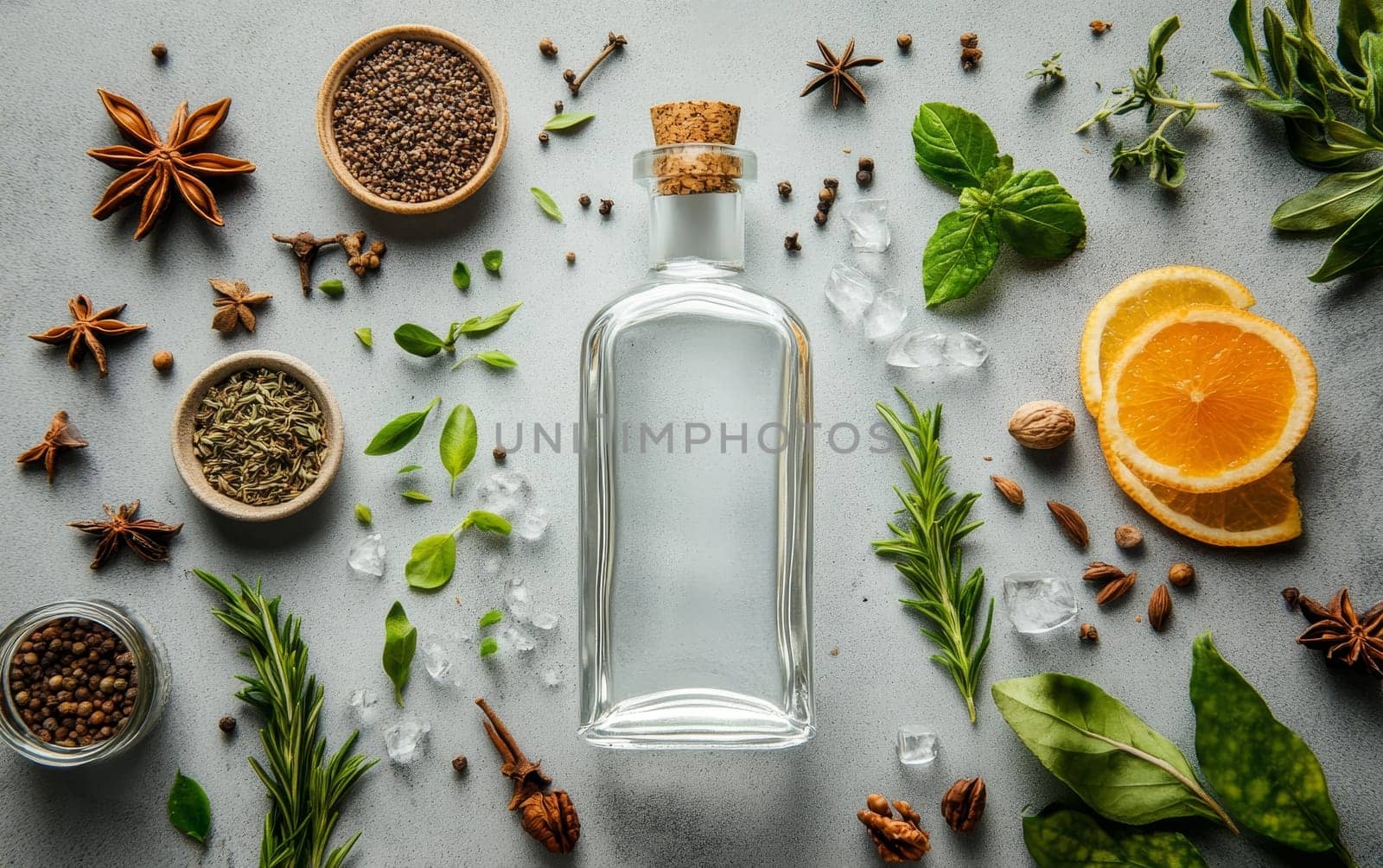 Empty gin bottle surrounded by aromatic herbs, spices, and citrus fruits on grey background, showcasing ingredients for craft gin making.
