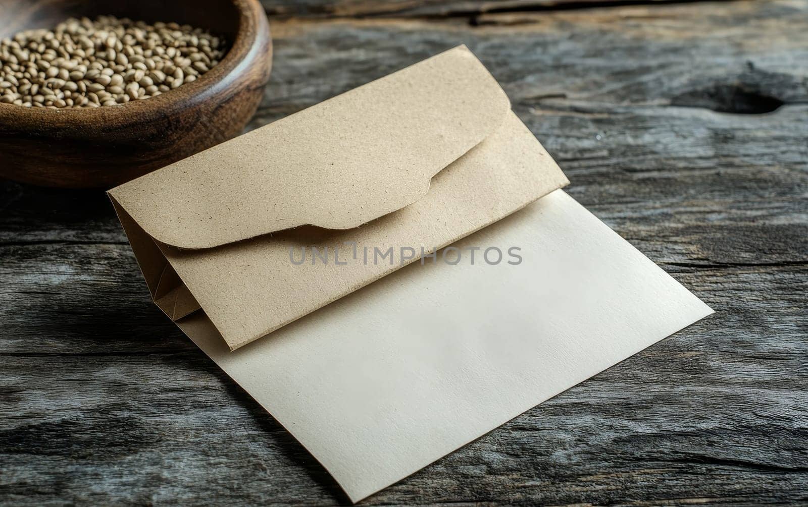 Kraft paper envelope and bowl of seeds on weathered wooden surface, symbolizing agriculture, correspondence, and eco friendly concepts.
