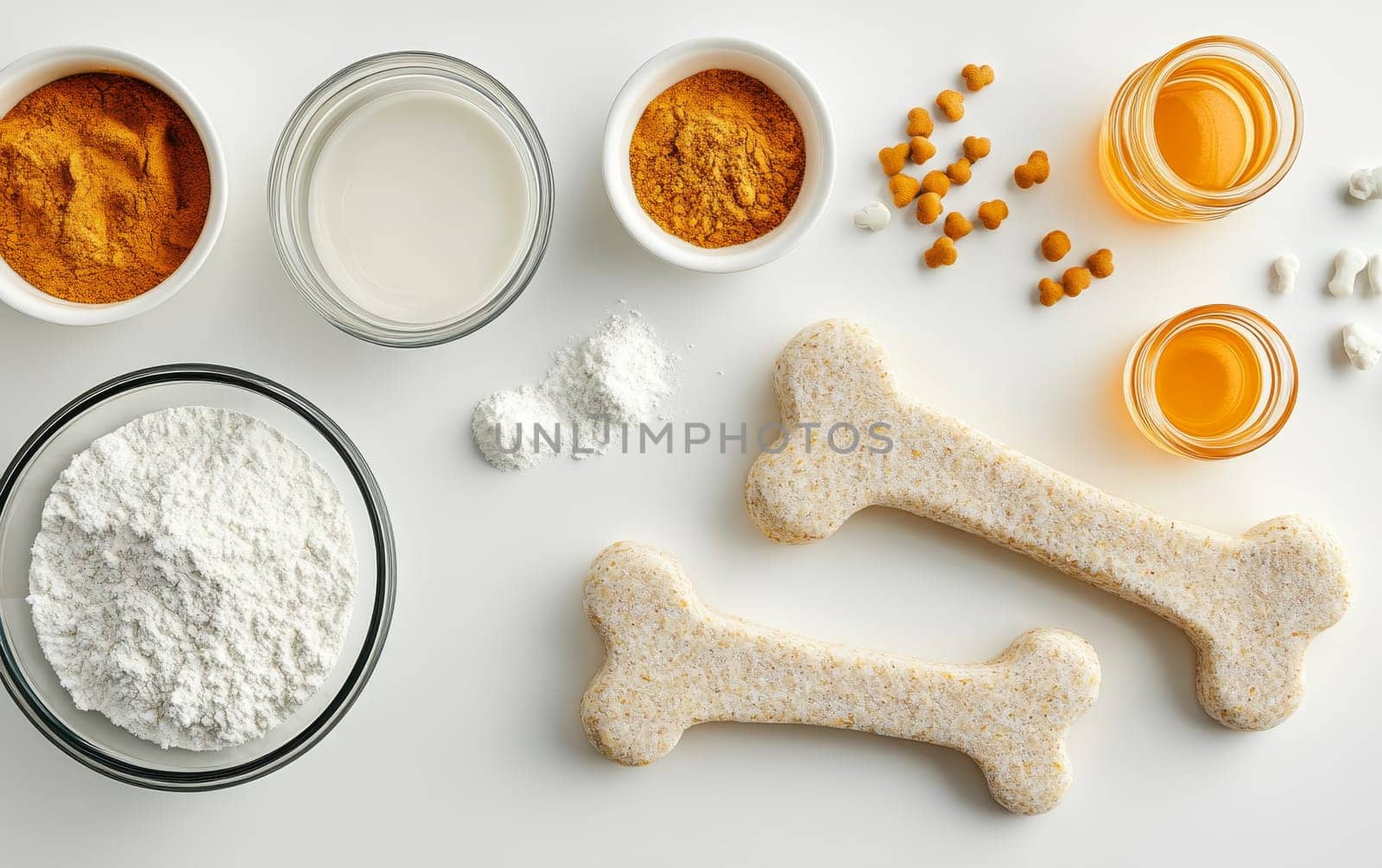 flat lay of homemade dog treat ingredients including flour, spices, and bone shaped biscuits. Pet care and natural nutrition concept with copy space.