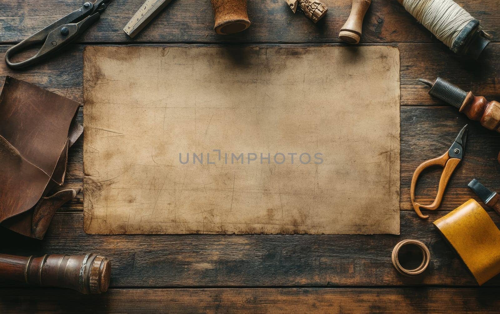 Antique leatherworking tools surrounding weathered parchment on rustic wooden table, ideal for artisanal craft and DIY concepts.