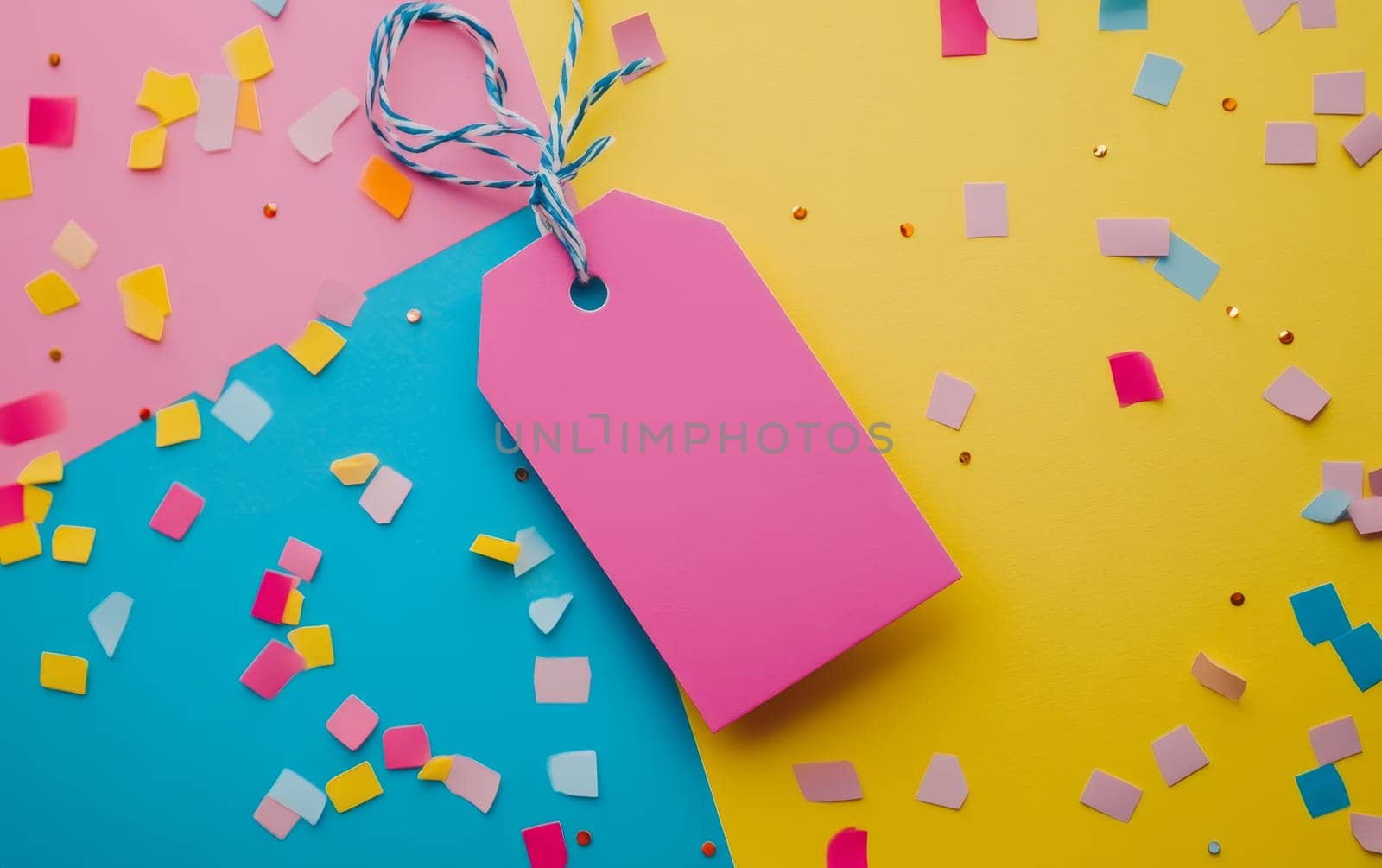 Vibrant pink gift tag on multicolored background with scattered paper confetti. Festive flat lay composition with copy space for celebration concept.
