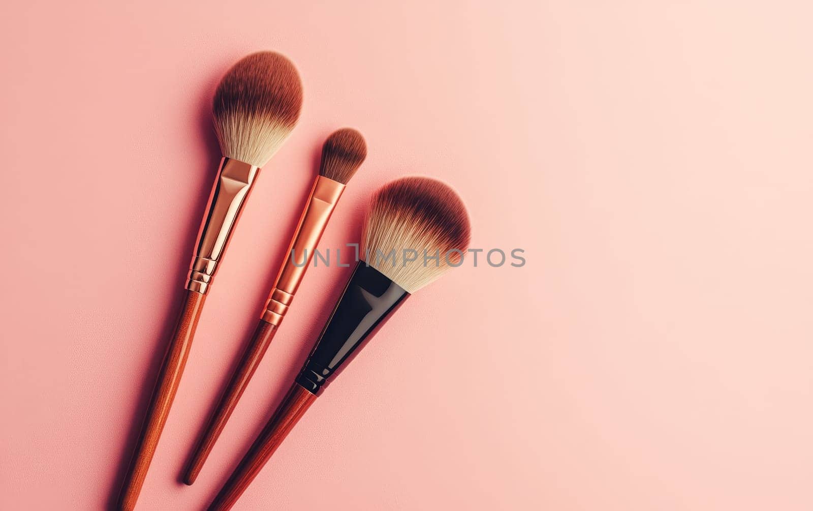 Set of three high quality makeup brushes with wooden handles and soft bristles arranged on a pastel pink background with copy space.