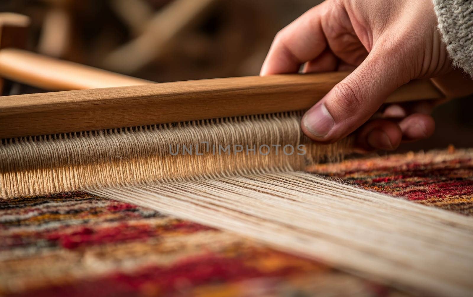 Close up of hands working on a traditional loom, weaving a colorful patterned carpet, showcasing the intricate process of textile artistry.