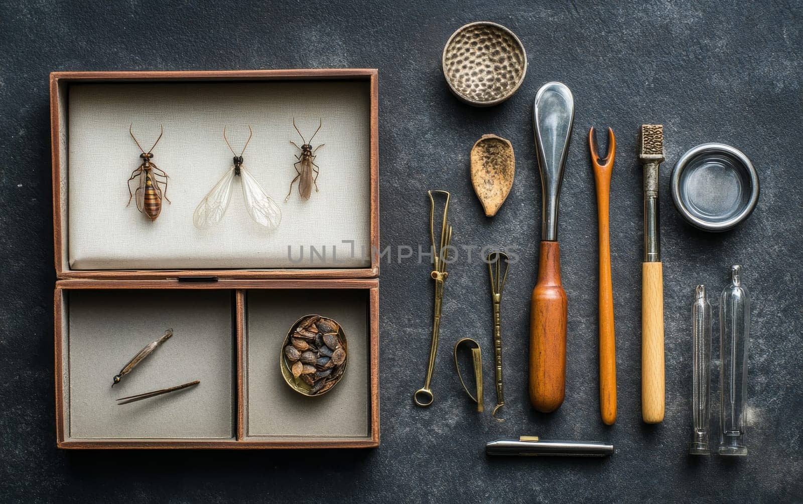 Antique wooden box displaying pinned insect specimens alongside vintage entomology tools on dark background, showcasing the art of scientific specimen collection.