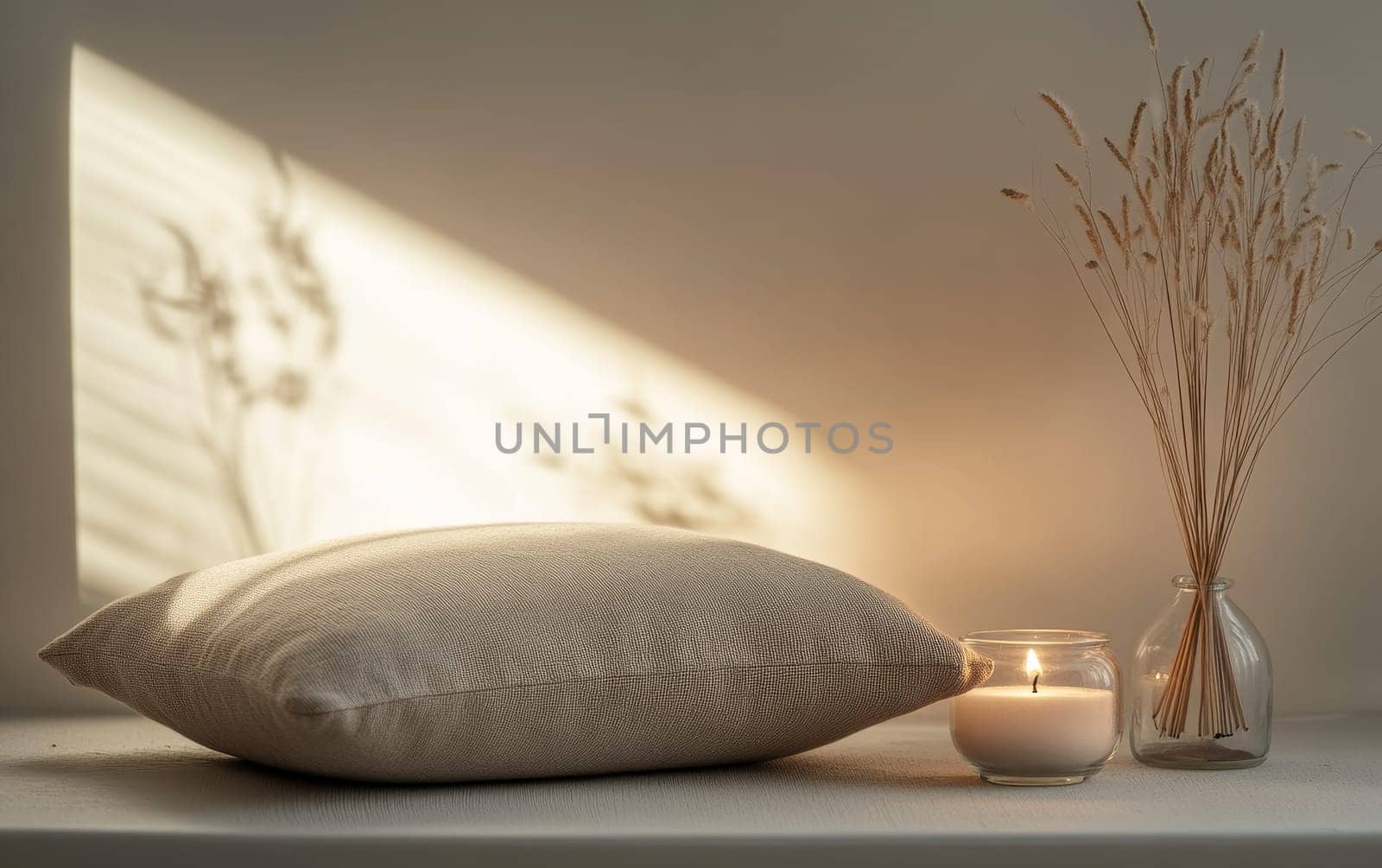 Serene setting with beige pillow, lit candle, and dried grass creating soft shadows. Minimalist hygge concept with warm ambient lighting and copy space.