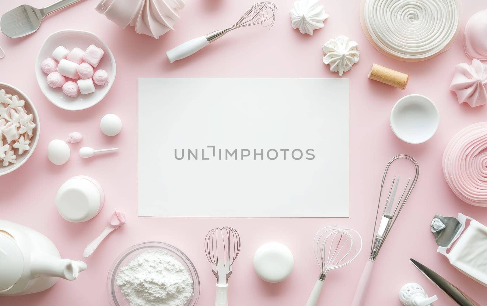 Flat lay of baking utensils and ingredients on pink background with white paper for text. Marshmallows, whisk, and measuring tools create a sweet culinary scene.