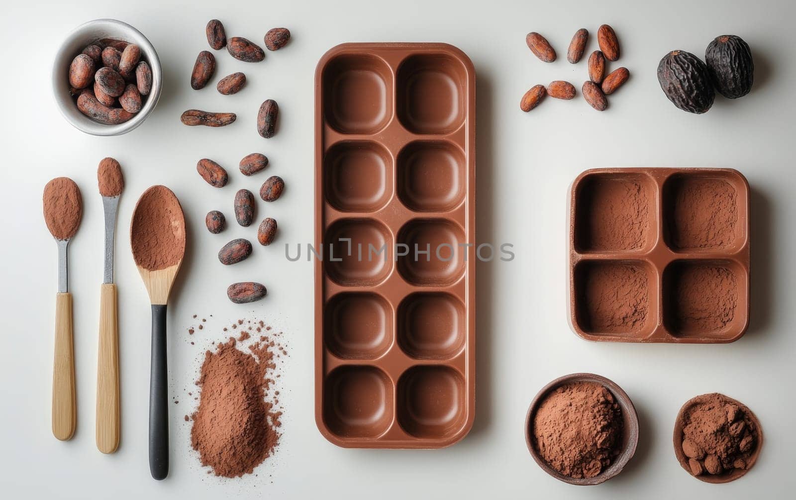flat lay of cocoa beans, powder, and artisanal chocolate making tools on white background, showcasing the process of creating gourmet confections.