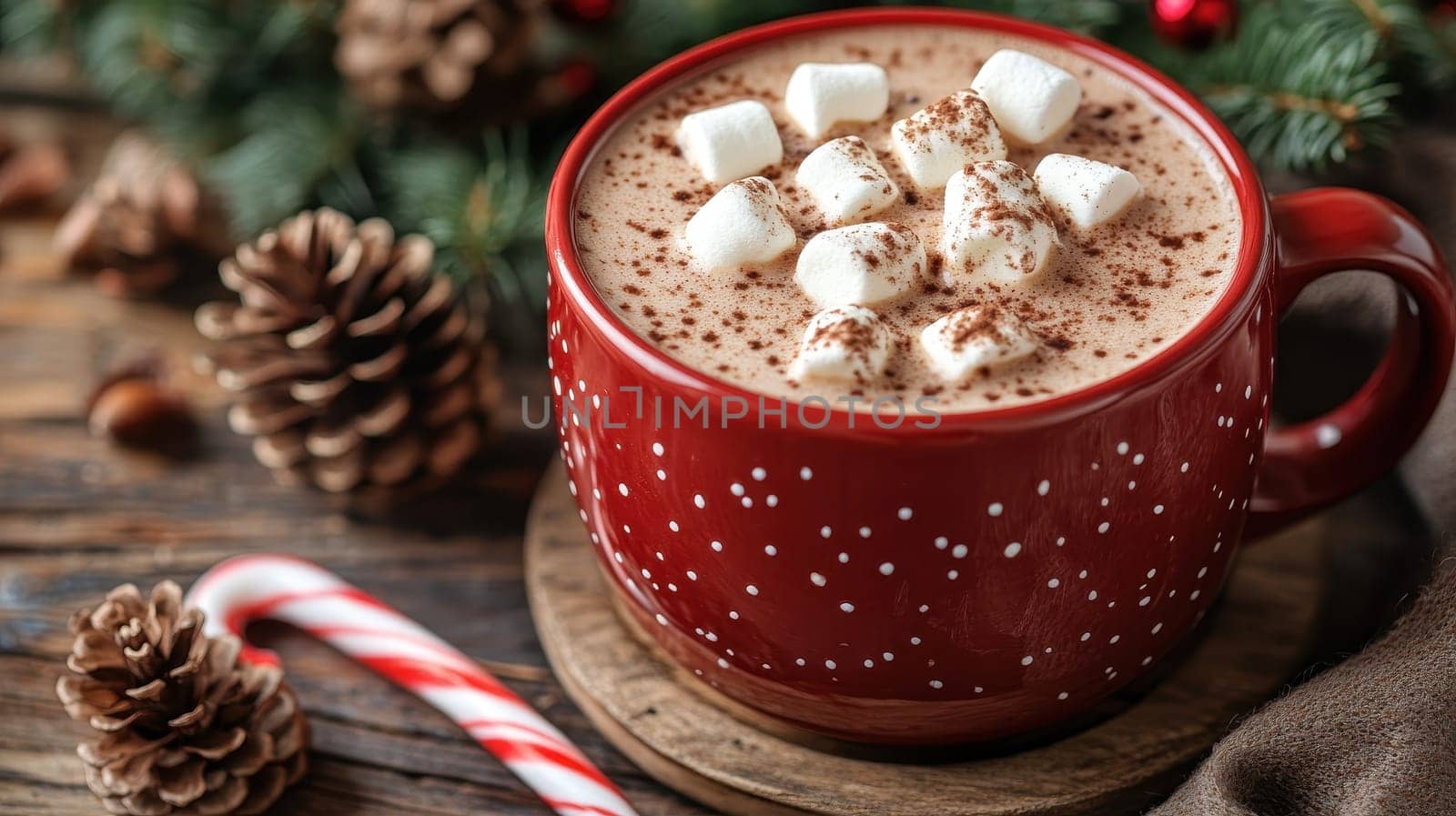 Red mug of hot chocolate with marshmallows and candy cane on Christmas background
