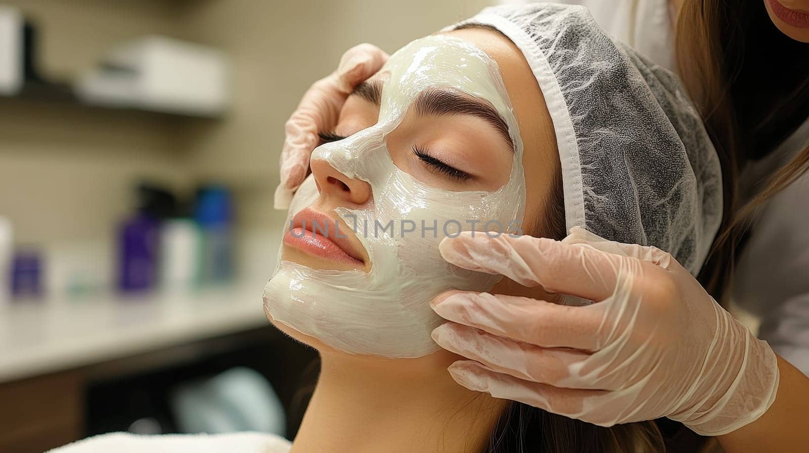Woman receiving a facial cosmetic mask at beauty salon. Concept of skincare, beauty treatment, and relaxation