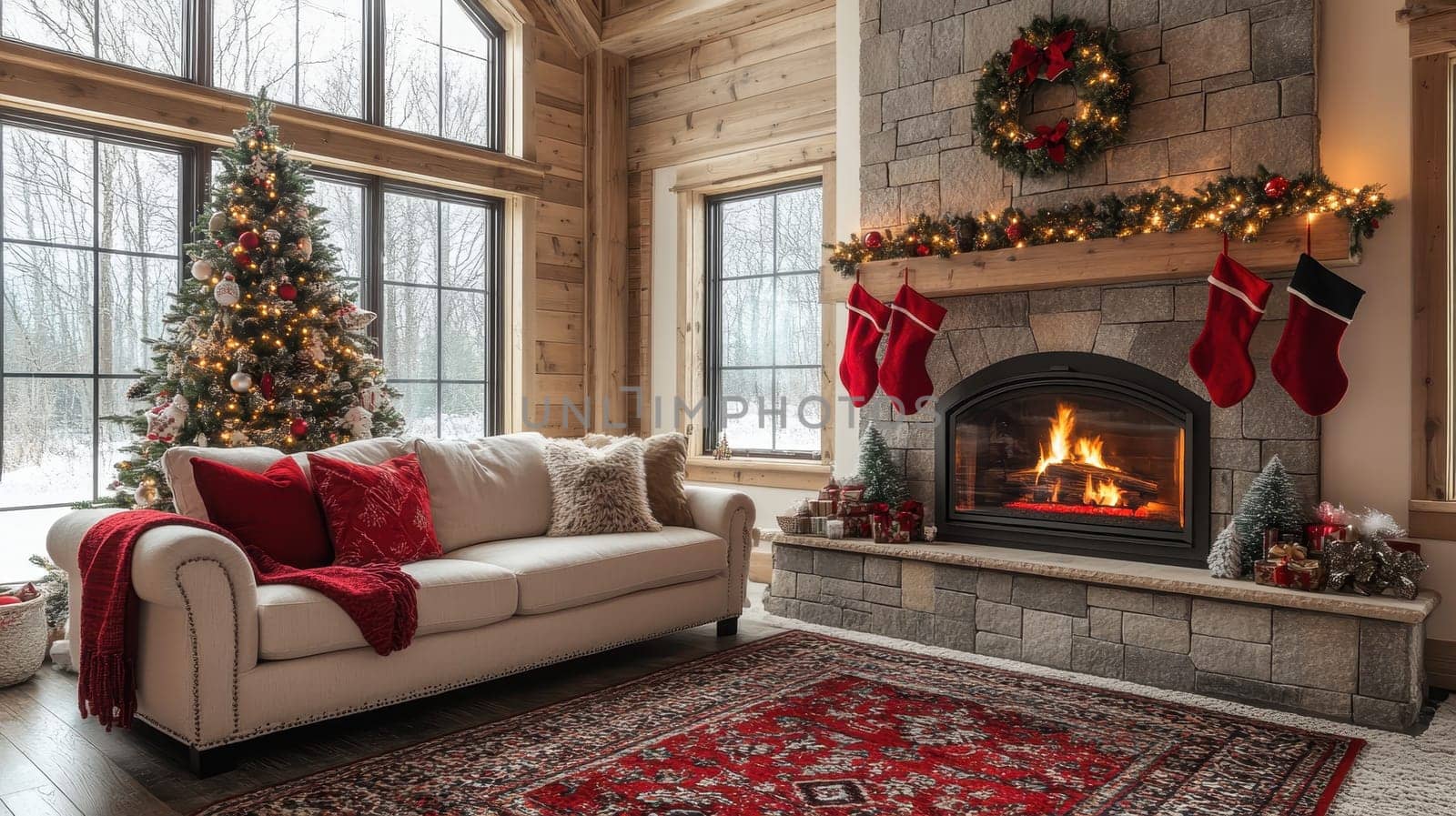 Cozy Christmas Living Room with Fireplace and Decorated Tree