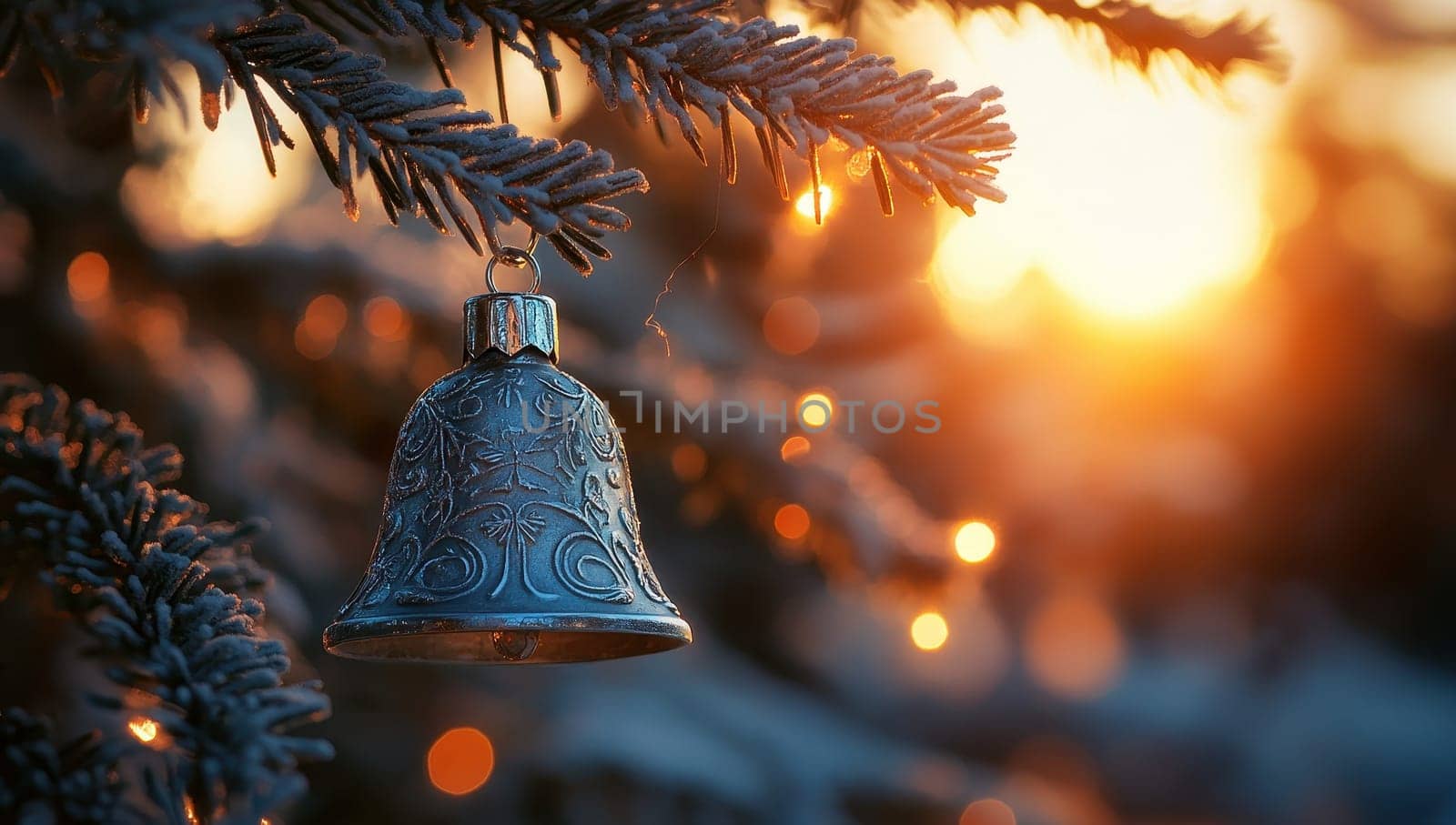 Christmas bell ornament hanging on a snow covered Christmas tree at sunset. Festive holiday background.