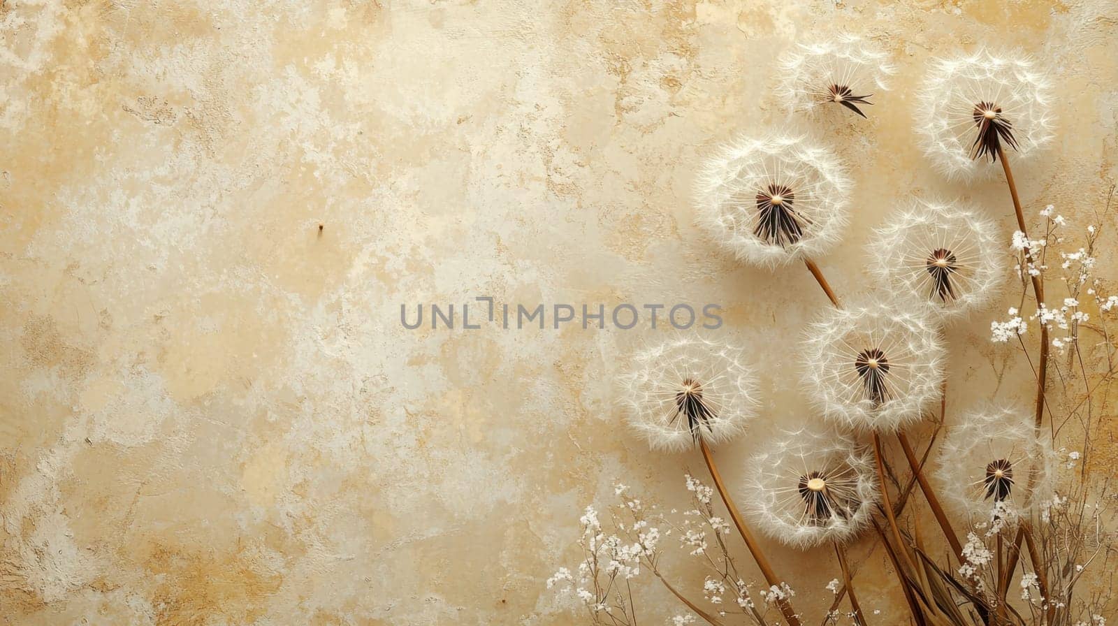 Dandelion seed heads on a textured background with copy space