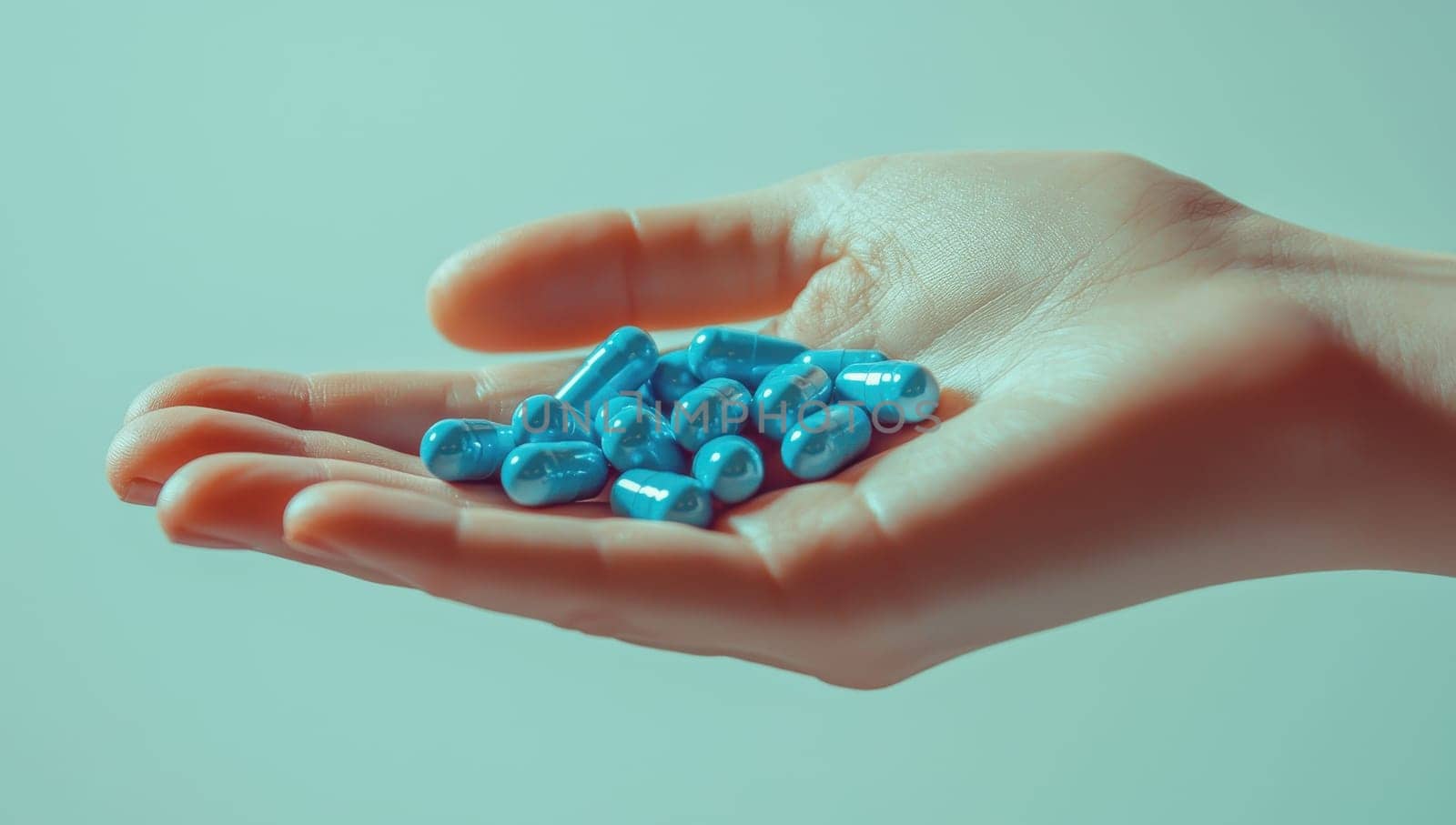 Hand holding blue pills. Concept of medicine, healthcare, treatment, and medication.