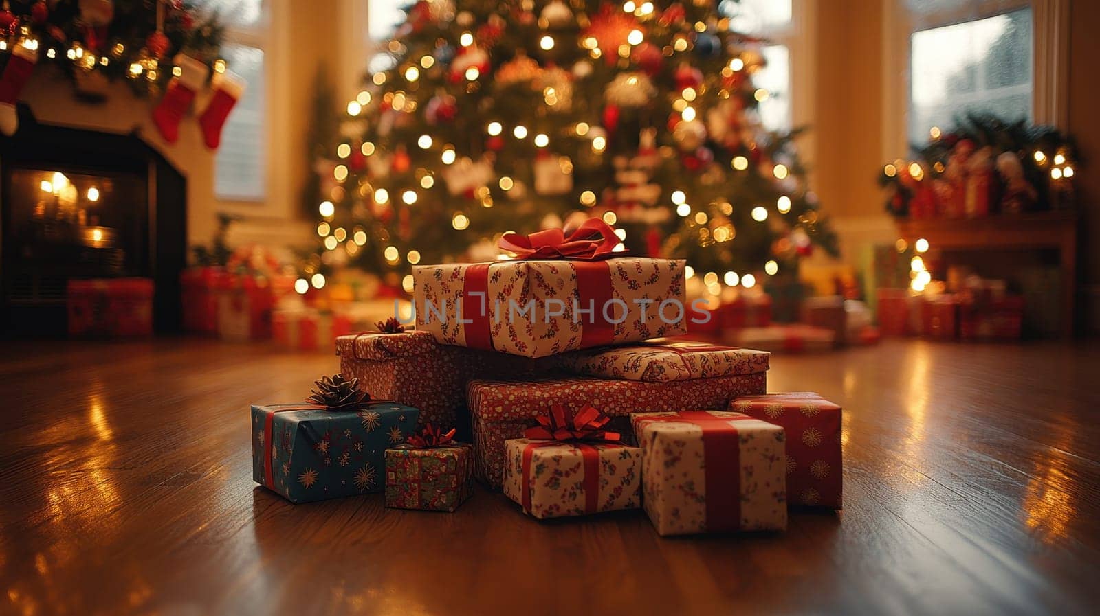 Christmas gifts under the tree with warm lights. Festive holiday season, cozy winter celebration concept