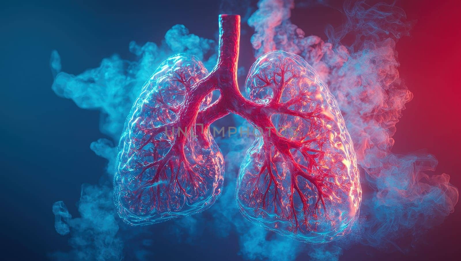 human lungs surrounded by smoke. Concept of smoking, vaping, air pollution, and respiratory diseases.