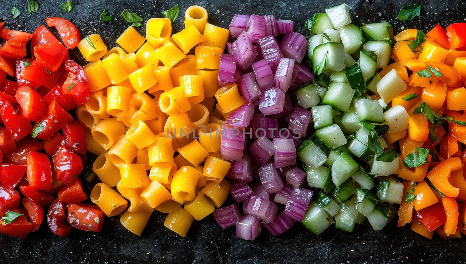 Rainbow pasta salad ingredients lined up in rows on a dark background.