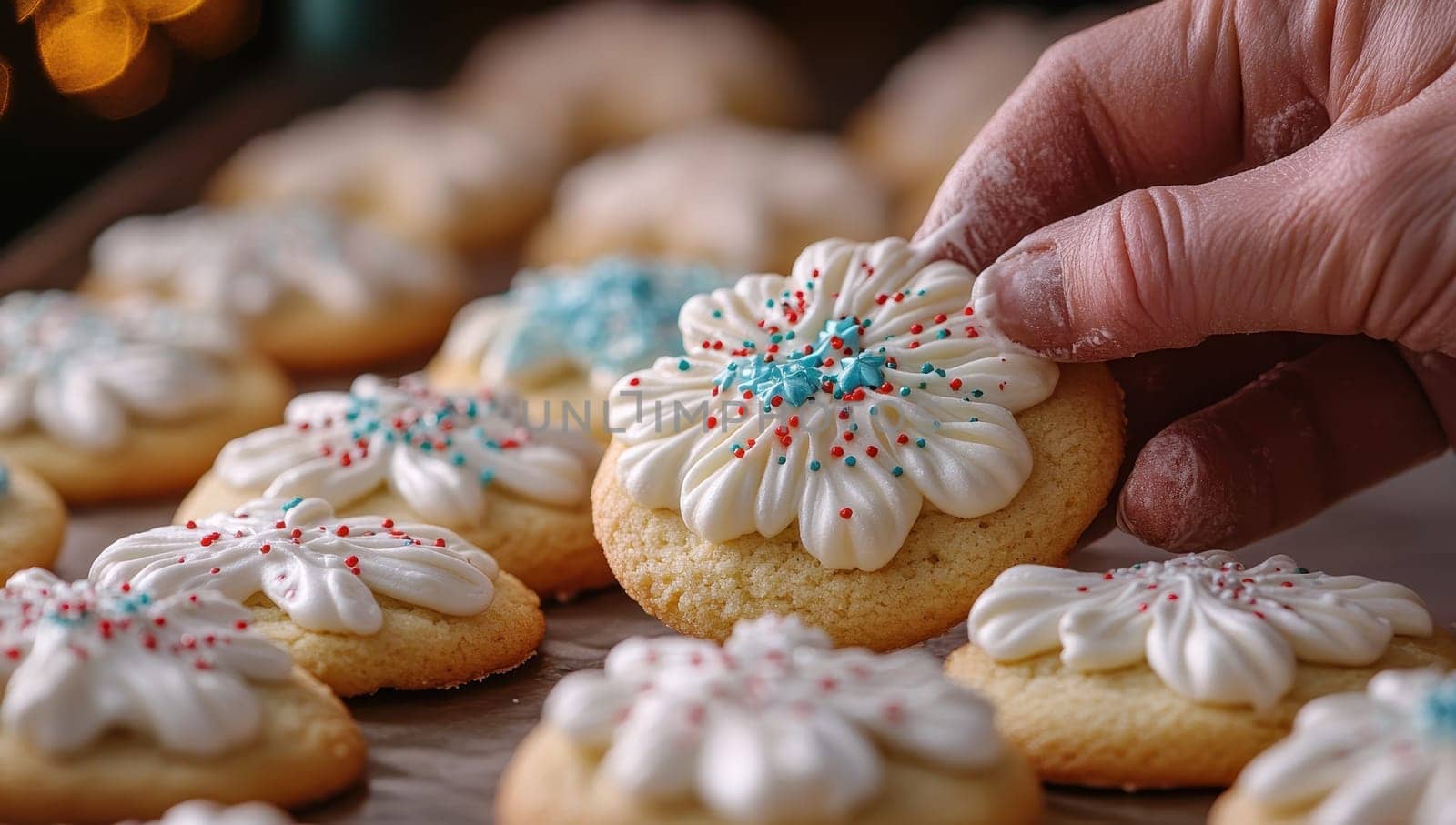 Hand picking up a freshly baked Christmas cookie with white frosting and red and blue sprinkles.