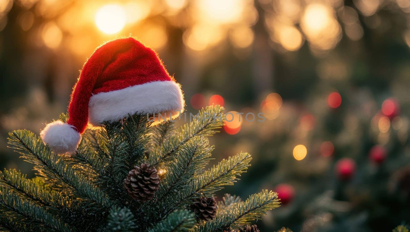 Christmas Tree Farm at Sunset, Santa Hat on Pine Tree with Golden Hour Light