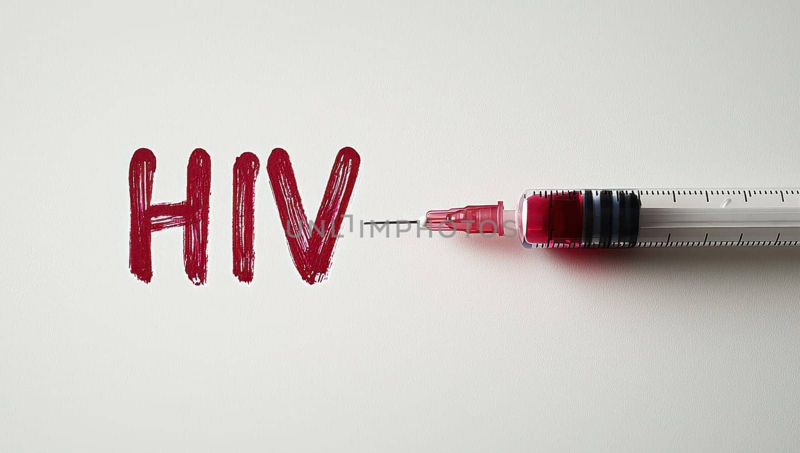 HIV written in red with syringe. Concept of HIV awareness, prevention, testing, treatment, and support.