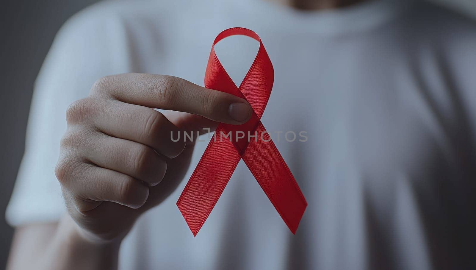 Close up of a person holding a red ribbon, symbolizing AIDS awareness and support for those affected by HIV.