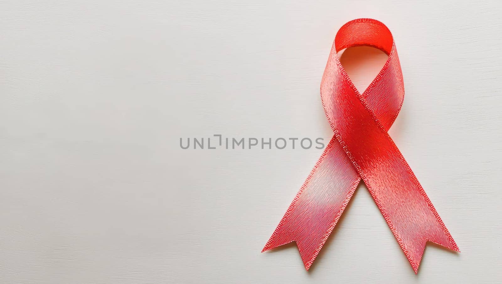 Red ribbon, symbol of AIDS and HIV awareness, support for people living with HIV or AIDS, and remembrance of those who have died from the disease.