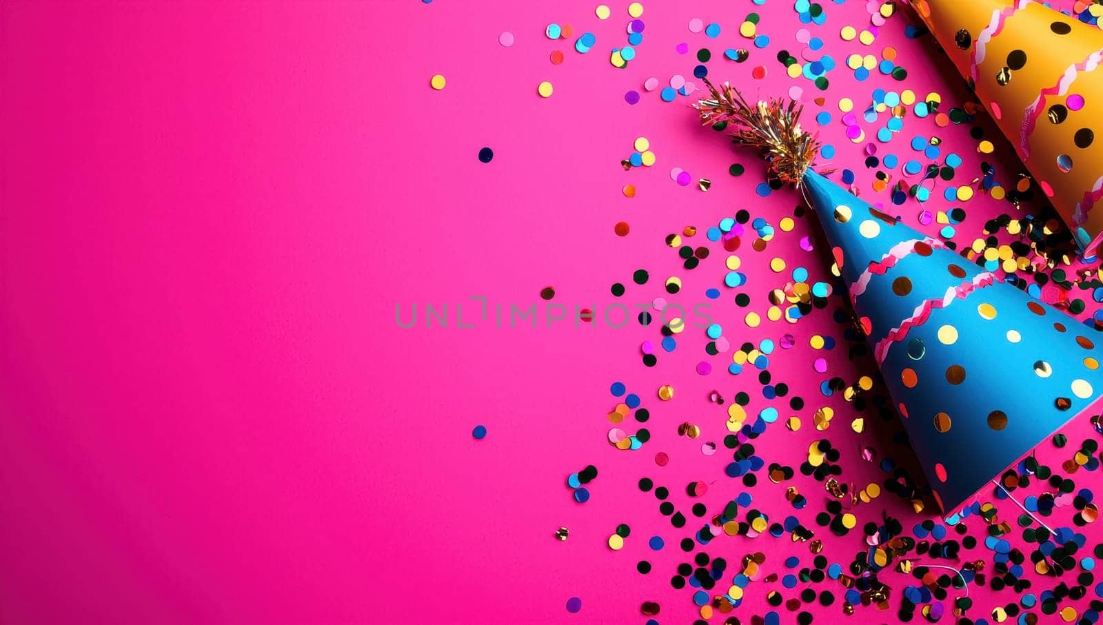 Party hats and confetti on a vibrant pink background with copy space.