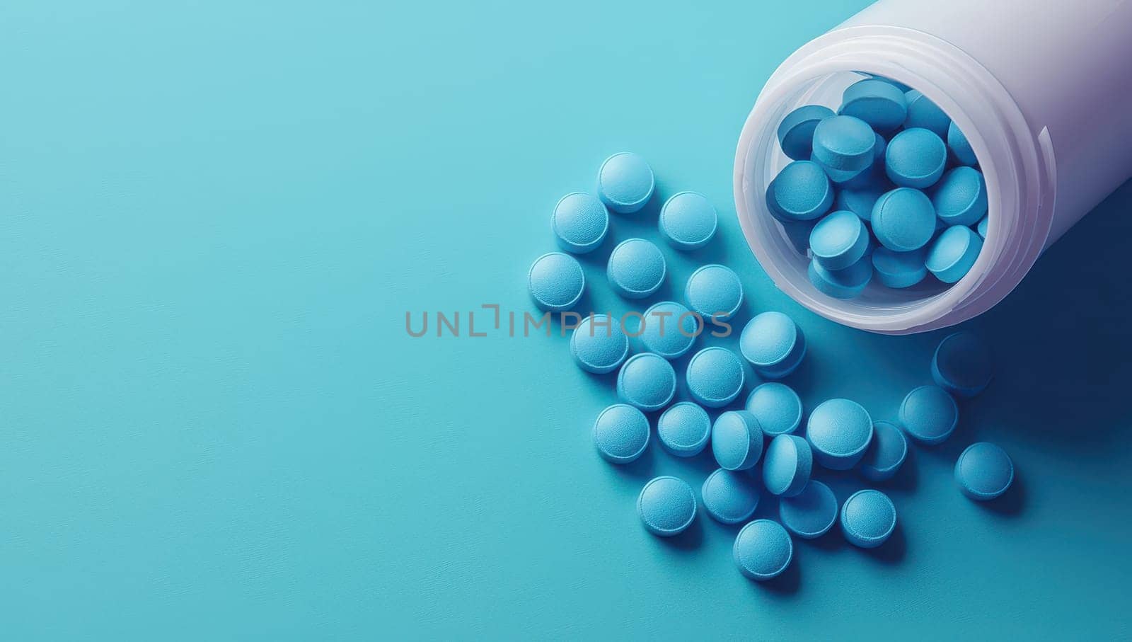 Blue pills spilling out of a white plastic bottle on a blue background. Concept of medicine, healthcare, pharmacy, and treatment.