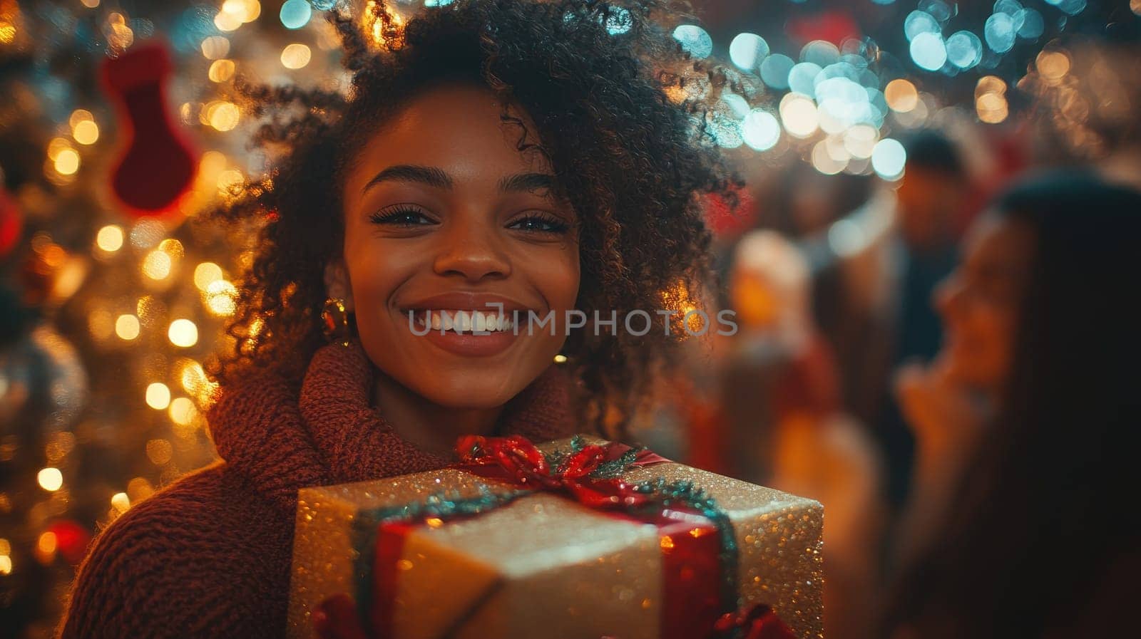 Happy Young Woman Holding Christmas Gift at Holiday Party