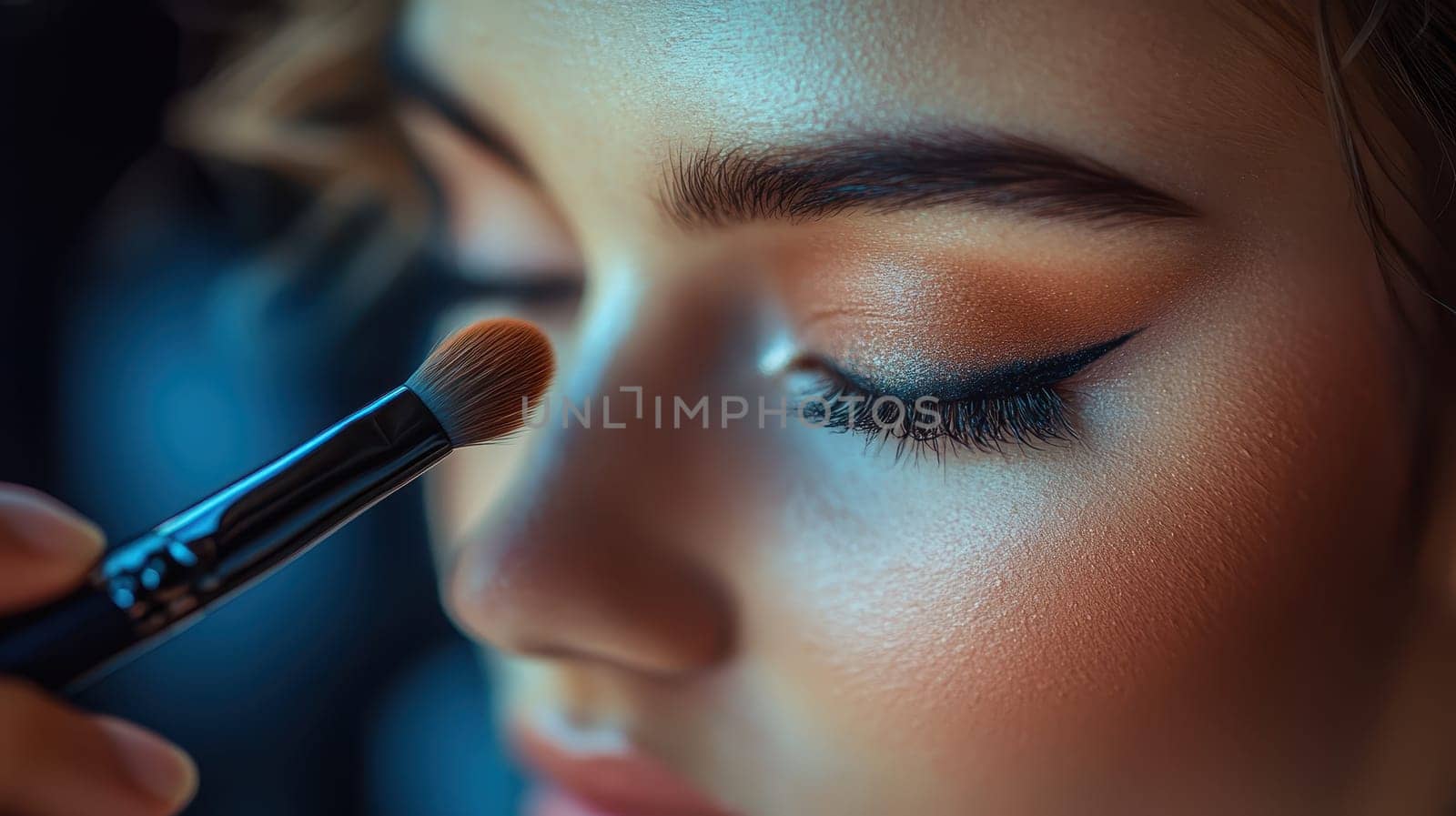 Close up of makeup artist applying eyeshadow on woman eyelid. Beauty, cosmetics, and makeup concept.