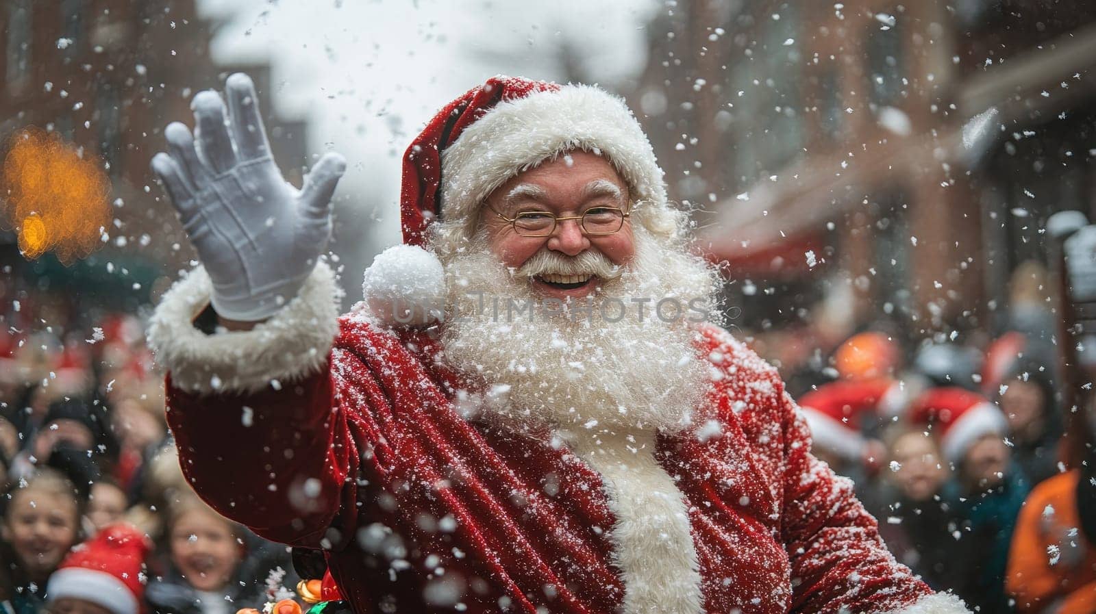 Jolly Santa Claus Waving in Snowfall, Christmas Cheer
