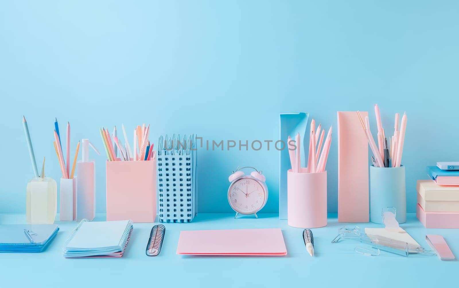 Neatly arranged pink and blue stationery items on light blue background, showcasing modern workspace essentials with copy space.