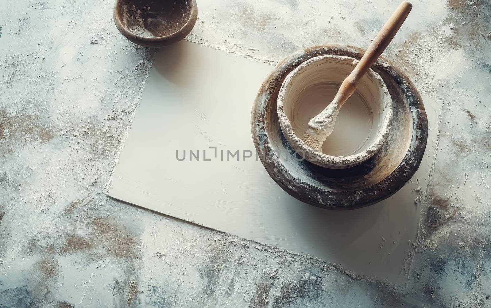 Ceramic making tools and unfinished pottery on textured white background with copy space, representing artisanal craft and creativity.