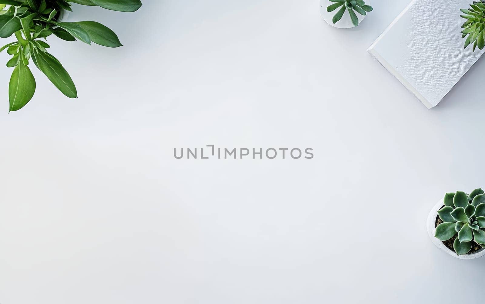Clean white desktop with green plants in pots. Minimalist workspace or home office concept with ample copy space for text or design elements.