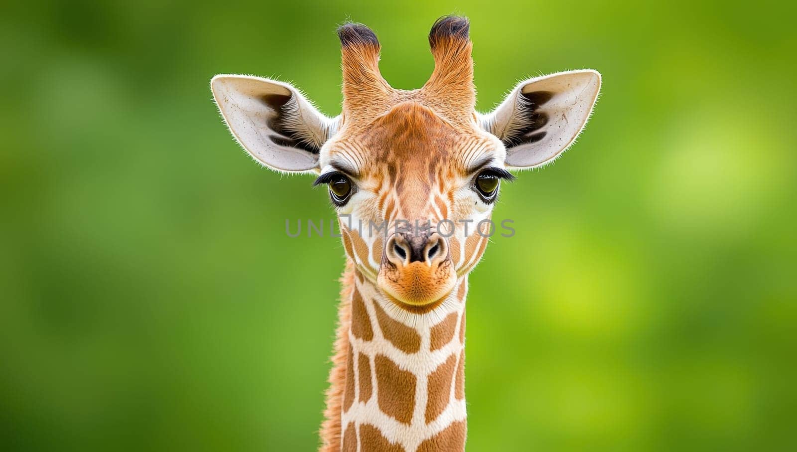 Portrait of a cute baby giraffe with a green background