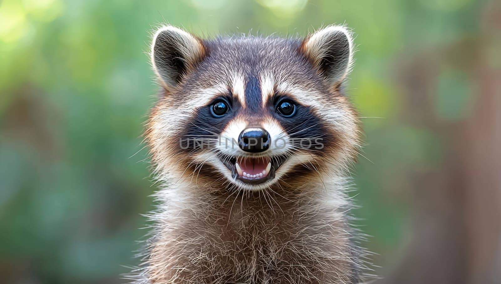 Portrait of a cute raccoon with a playful expression, mouth open in a smile.