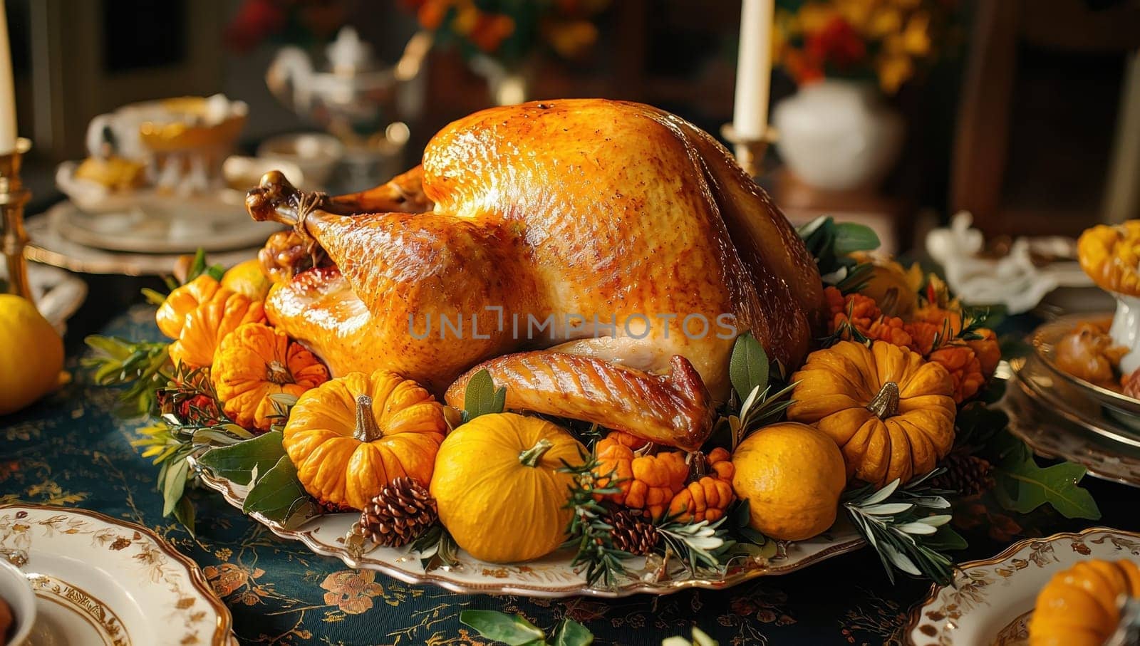 Roasted Turkey with Pumpkins and Fall Decor, Thanksgiving Feast