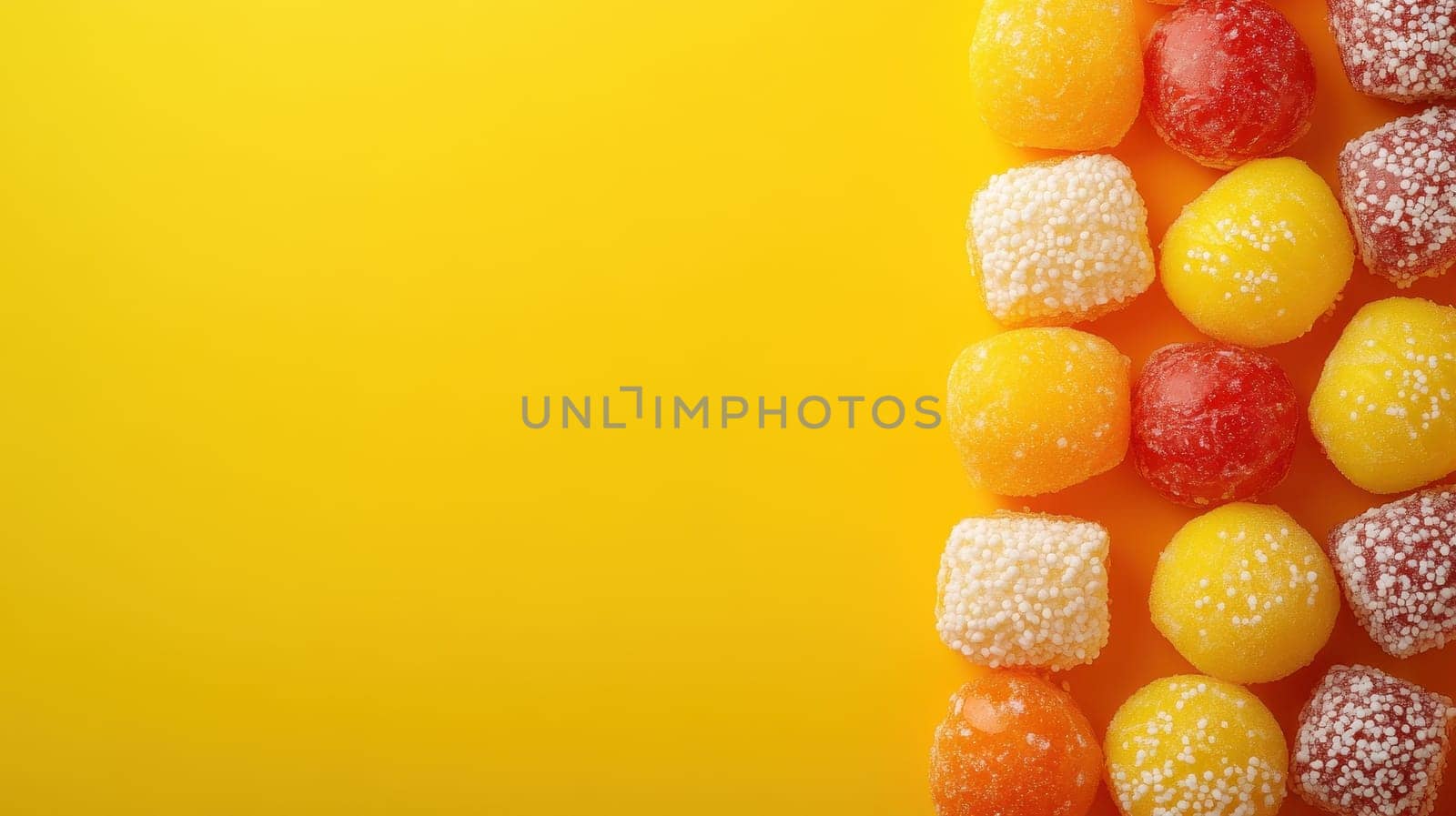 Colorful Candy Row on Yellow Background, Sweet Treats, Minimalism, Copy Space