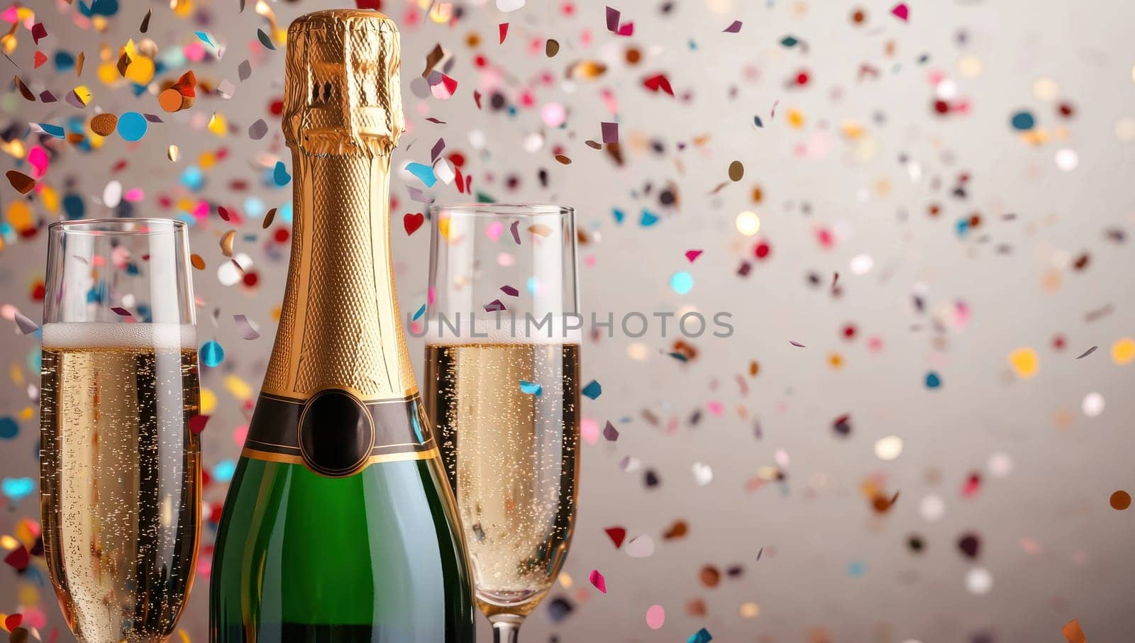 Champagne bottle and glasses with confetti. Celebration, festive and party concept.