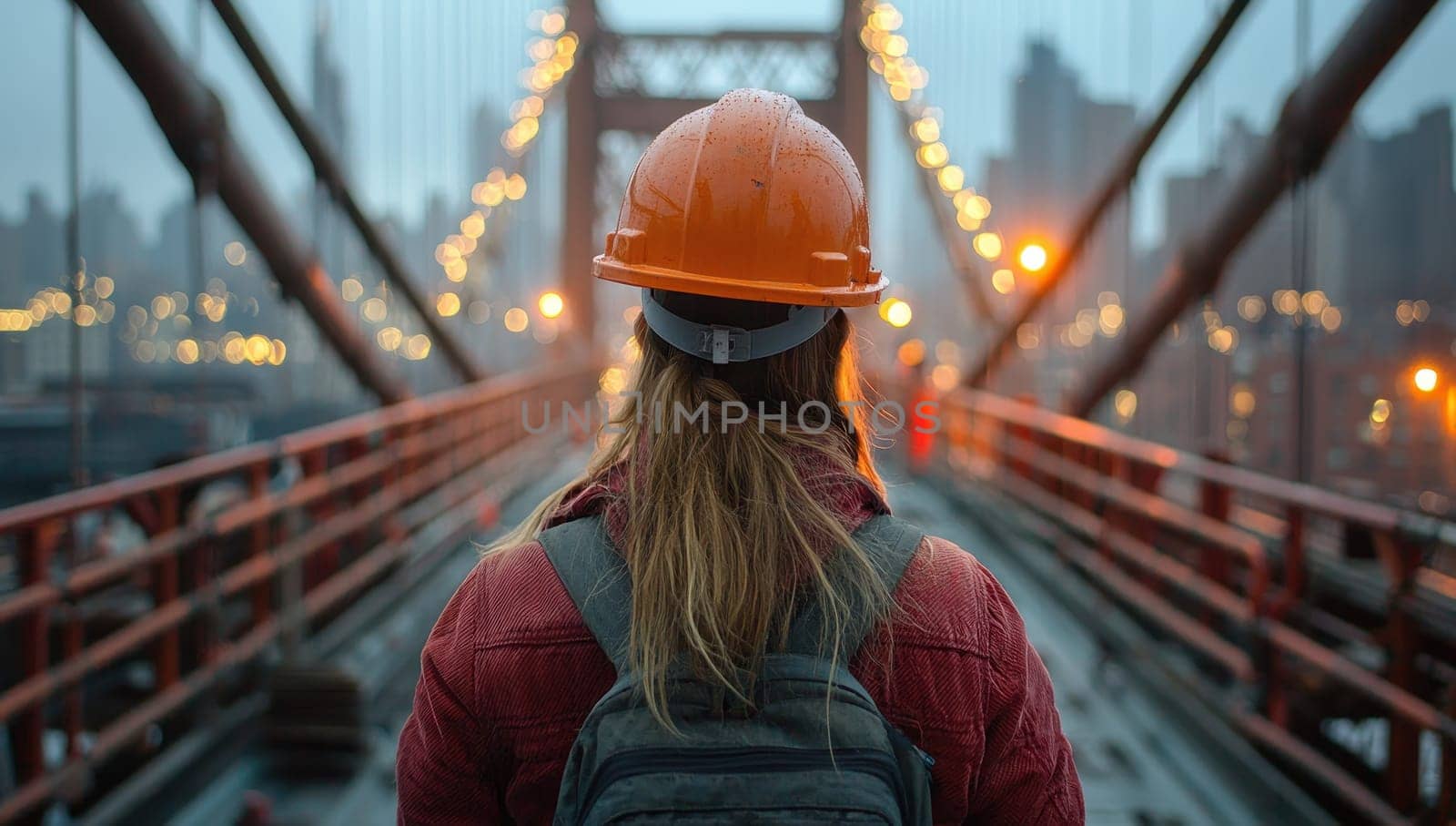 Female Engineer in Hard Hat Walking on Bridge, City Skyline, Construction Concept