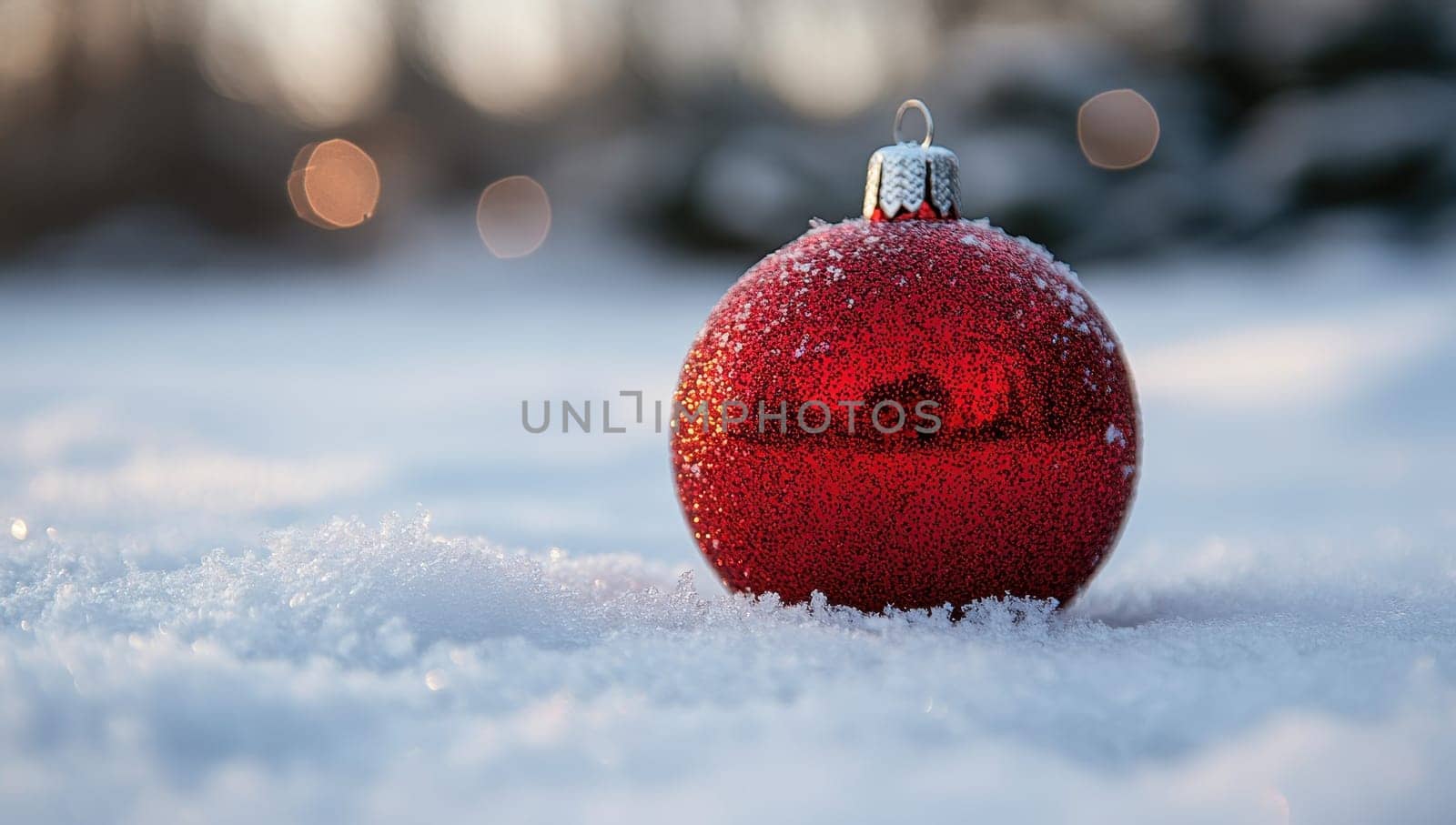 Red Christmas Ornament in Snow, Festive Winter Scene