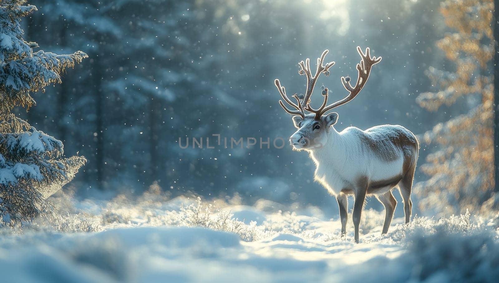 Reindeer in Snowy Winter Forest, Majestic Wildlife in Sunlight