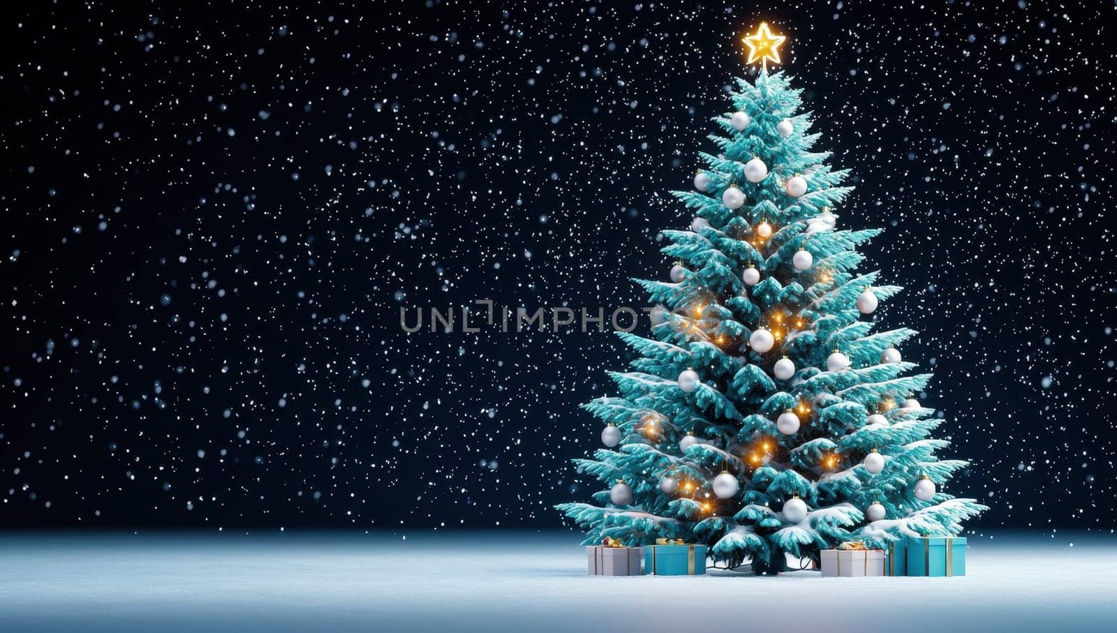 Christmas tree with ornaments and gifts on snow with falling snow at night
