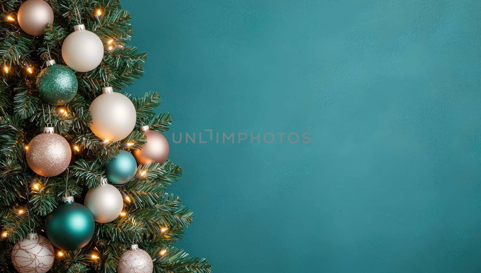 Christmas tree with elegant ornaments and lights on teal background, space for text