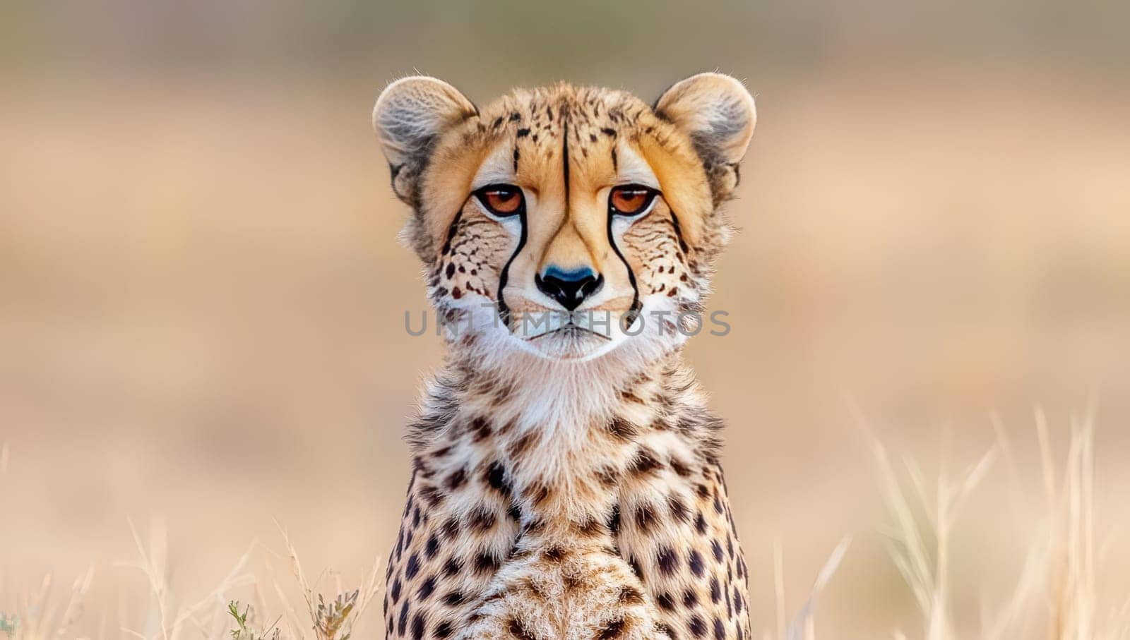 Portrait of a cheetah sitting in the grasslands of the African savanna