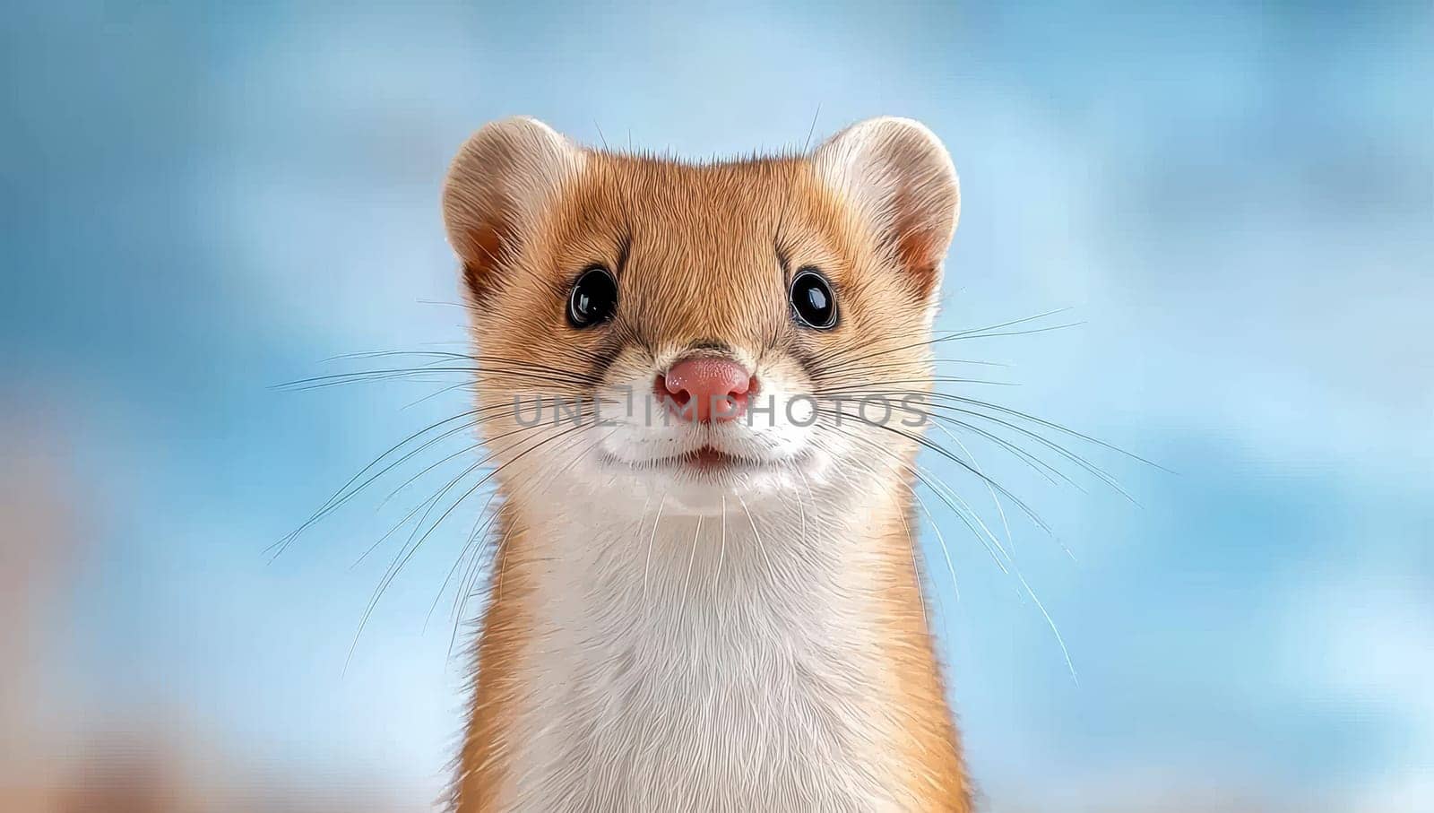 Close up portrait of a Least Weasel Mustela nivalis against a blue background