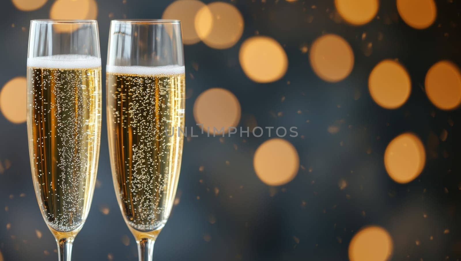 Two champagne glasses with golden bubbles against festive bokeh background. Celebrating New Year's Eve, anniversary, or special occasion.